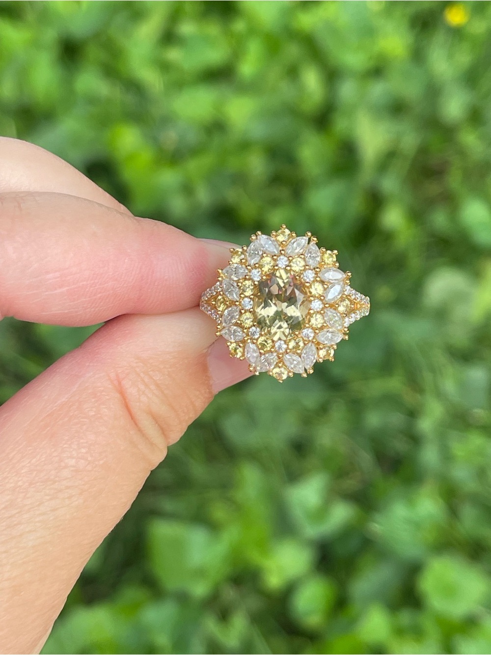 Heliodor, Sapphire and Moissanite Cluster Ring